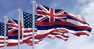 Hawaii eyaletinin bayrakları açık bir günde Amerika Birleşik Devletleri bayraklarıyla dalgalanıyor. 3D illüstrasyon canlandırıcı. Kanat çırpan kumaş. Seçici odak