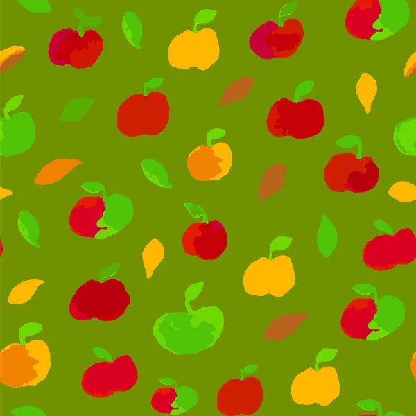 Manzanas Rojas Amarillas Verdes Sin Costuras Patrón Verde — Archivo Imágenes Vectoriales