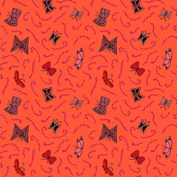 Seamless Pattern Kaleidoscope Butterflies Red Orange — Stock Vector
