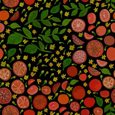 Mandalina çiçeklerinin, yaprakların ve meyvelerin kusursuz deseni siyah üzerine.
