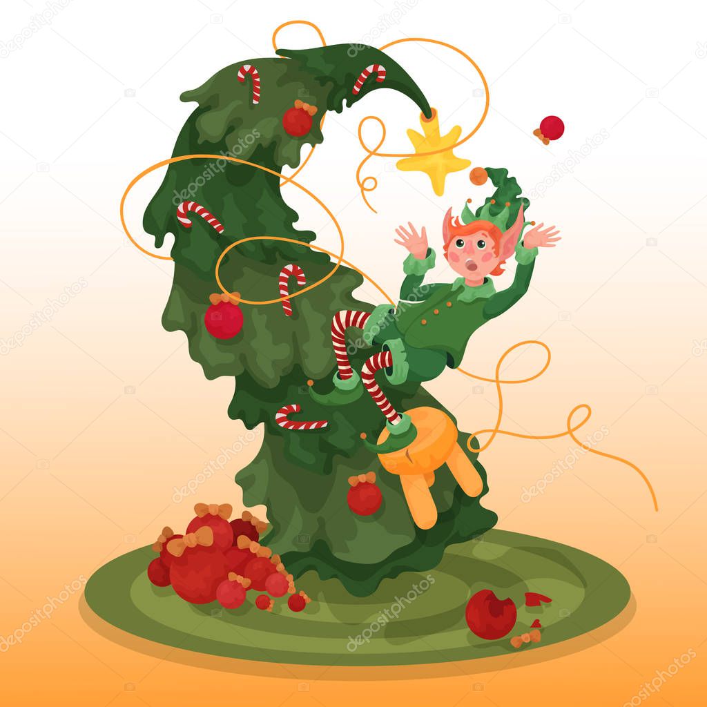 A little clumsy elf decorates a christmas tree.