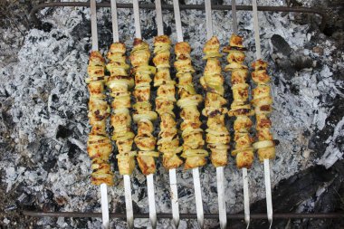 Şişte tavuk şiş kebap açık havada ızgarada kızarıyor. Bahçede barbekü partisi. Yakın plan. Üst görünüm