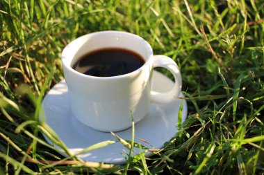 Yeşil çimlerin üzerinde beyaz bir fincan kahve. Üst Manzara. Uzayı kopyala Yaz yaşam tarzı