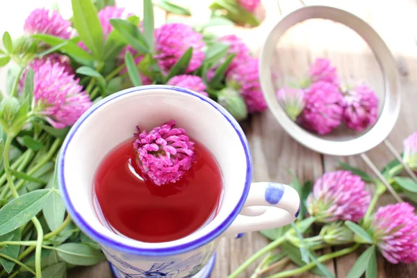 Hierbas Infusión Con Trébol Rojo Flores Moradas Colador Mesa Madera — Foto de Stock