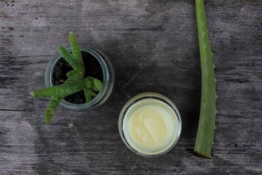 Koyu renkli ahşap arka planda doğal aloe vera yüz kremi. Ev yapımı güzellik ürünü. Organik kozmetik ve kendine bakım konsepti. Üst görünüm, alanı kopyala.