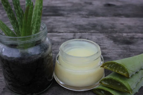 Natural Aloe Vera Face Cream Dark Vintage Wooden Background Homemade — Stock Photo, Image
