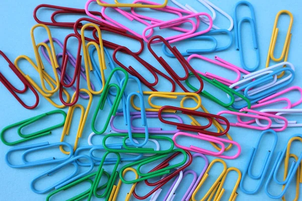 Top View Colorful Paper Clips Blue Background Copy Space Back — Stock Photo, Image