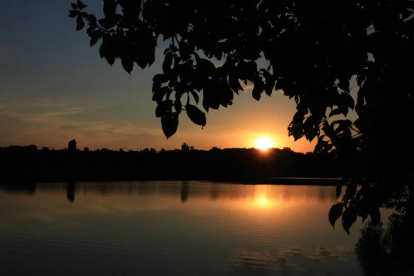 Sommerlandschaft Mit Sonnenuntergang Über Dem Fluss Hintergrund Sonnenuntergang — Stockfoto