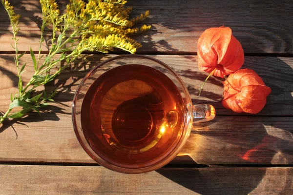 Nature Morte Automne Avec Une Tasse Thé Des Fleurs Automne — Photo