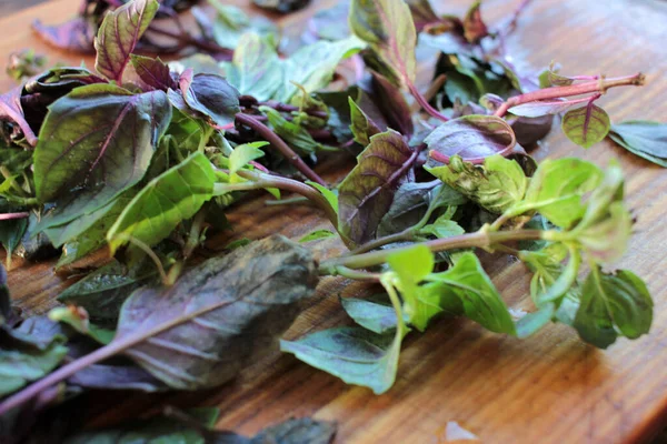 Kesme tahtasında taze mor ve yeşil fesleğen. Ahşap masa arkasında bitkiler. Üst görünüm