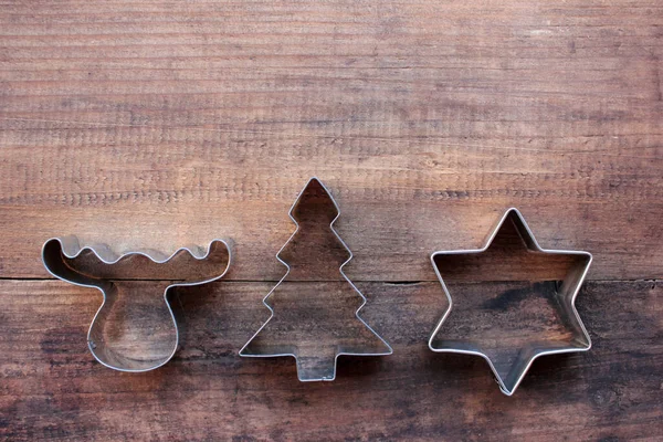 Christmas Tree Star Deer Shaped Cookie Cutters Wooden Table Christmas — Stock Photo, Image