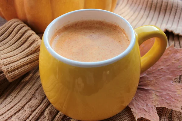 Tasse Kürbislatte Mit Zimt Pullover Kürbis Und Herbstblättern Gemütliches Herbstkonzept — Stockfoto