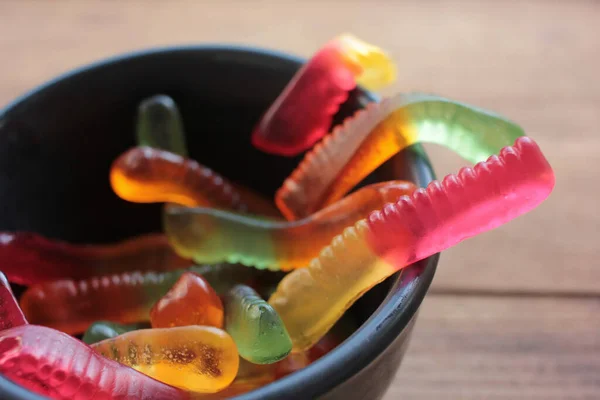 Halloween Gummy Worms Bowl Colorful Jelly Worms Shaped Candies Top — Stock Photo, Image
