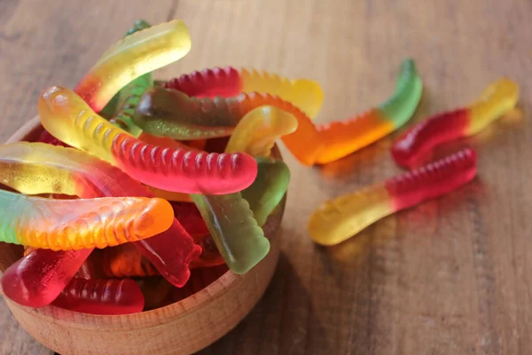 Halloween Gummy Worms Bowl Colorful Jelly Worms Shaped Candies Top — Stock Photo, Image