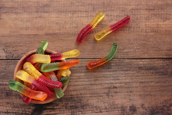 Halloween Gummy Worms Bowl Colorful Jelly Worms Shaped Candies Top — Stock Photo, Image