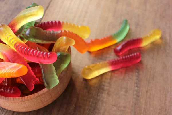 Halloween Gummy Worms Bowl Colorful Jelly Worms Shaped Candies Top — Stock Photo, Image