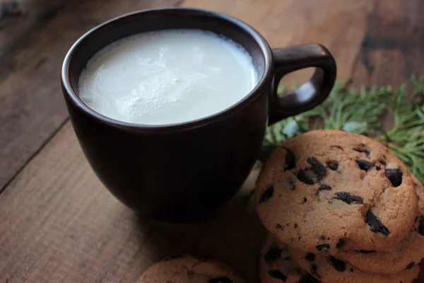 Kopp Färsk Mjölk Med Hembakade Chokladkakor Och Vintergröna Kvistar Träbakgrund — Stockfoto