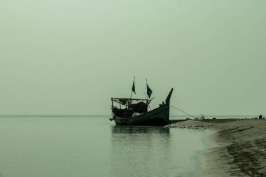 A tranquil Asian coastal scene with sandy beaches, tidal flats, wooden fishing boats, and gnarled trees, local life and natures