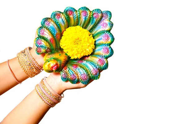 Happy Diwali Kvinna Händer Med Henna Innehav Tända Ljus Isolerad — Stockfoto