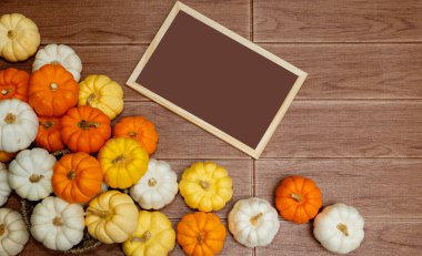 Cadılar Bayramı arka planında balkabakları ve ahşap arka planda tahta tahtalar var. Uzayı metin için kopyala. Şenlik konsepti. Şükran Günü kavramları.