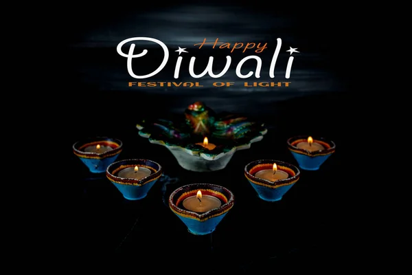 Happy Diwali Clay Diya Lampor Tända Dipavali Hinduisk Festival Ljus — Stockfoto