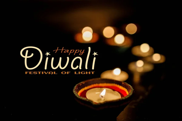 Happy Diwali Clay Diya Lamps Lit Dipavali Hindu Festival Lights — Stock Photo, Image