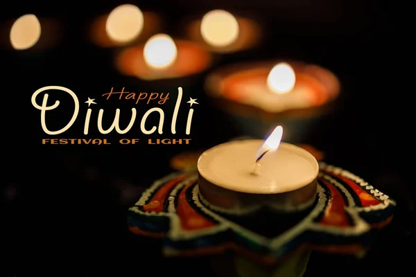 Happy Diwali Clay Diya Lamps Lit Dipavali Hindu Festival Lights — Stock Photo, Image