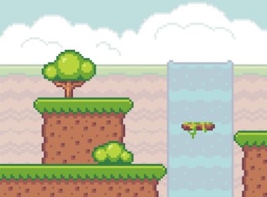 Piksel oyununun konumu, şelale, çimenli yeşil tepeler, uçurum, platform, mobil oyunun arayüzü