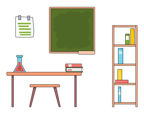 Illustratie van het bureau van de leerkracht of de leerling met boeken, schoolbestuur en boekenkast — Stockvector