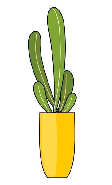 Icono de dibujo de dibujos animados de planta de interior en maceta de cerámica amarilla aislada en blanco, planta de interior, decoración — Vector de stock