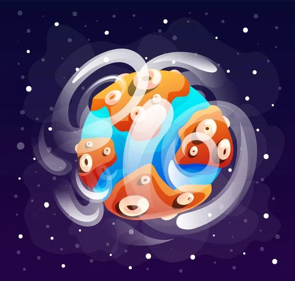 Planeta bonito dos desenhos animados no fundo do espaço e estrelas brilhantes ao redor, ícone do jogo, tema galáxia — Vetor de Stock
