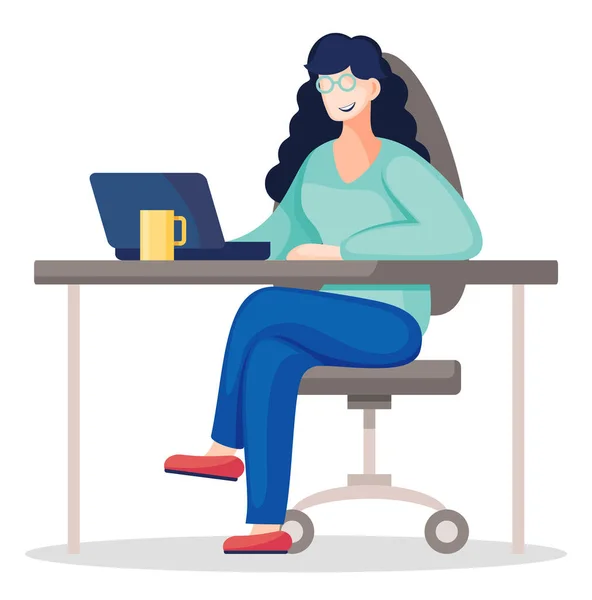 Una donna dell'ufficio dietro una scrivania con un portatile. Donna d'affari o un impiegato che lavora al suo tavolo dell'ufficio — Vettoriale Stock