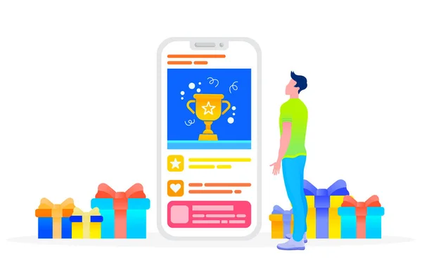 男賞トロフィーギフトとスマートフォンを見て — ストックベクタ