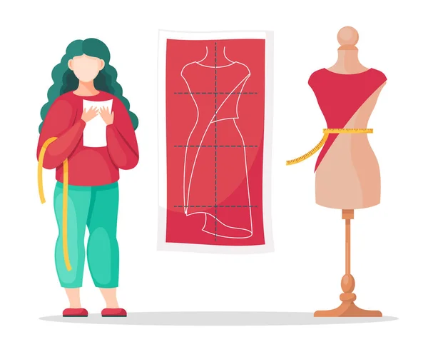 Mujer diseñadora haciendo medida de cintura, tomando notas, patrón de boceto a medida, maniquí con vestido — Vector de stock