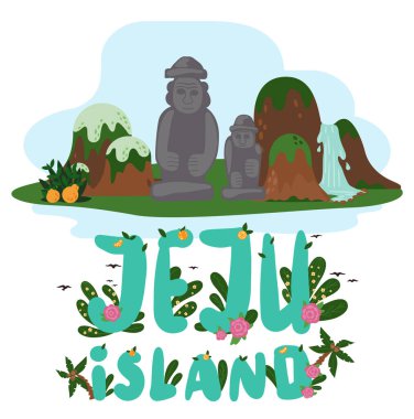 Güney Kore adası Jeju 'nun ana cazibesinin ve yazıtların olduğu pankart.