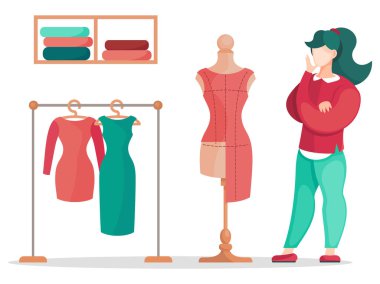 Dikiş atölyesi, özel kıyafetler. Moda tasarımcısı bir model yapıyor. Moda evi, tekstil fabrikası.