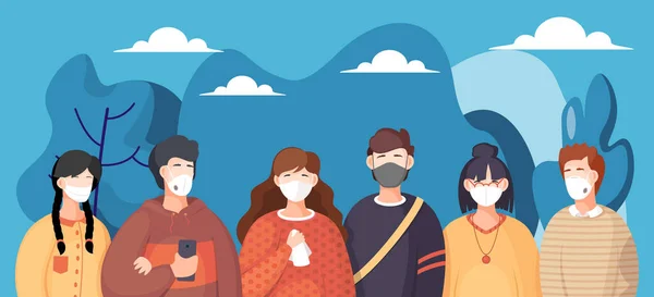 Poster vector stripfiguren, jonge meisjes en jongens in het gezicht medisch masker tijdens de verspreiding van het virus — Stockvector