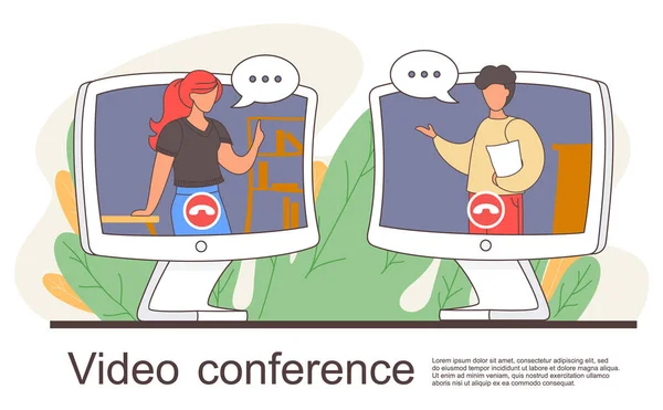Video-Anruf-Chat-Konferenz flacher Infografik-Konzept-Vektor. Frau und Mann sprechen über Webkamera — Stockvektor