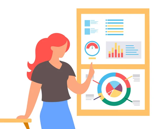 Kancelářská pracovnice ženská postava při práci, informační plakát s digitálními indikátory a grafy — Stockový vektor