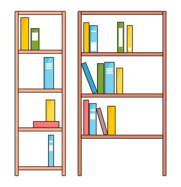 Rack com prateleiras com livros coloridos em estilo de design plano. Livraria de madeira marrom com vários livros —  Vetores de Stock