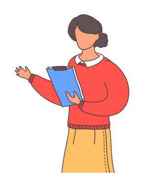 Kırmızı kazak giyen ve elinde pano tutan sarı etekli kadın, el kol hareketi yapan kadın.