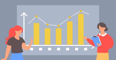 Ofiste çalışan kadın karakterler, dijital göstergeler ve grafiklerle ilgili bilgi afişi