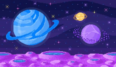 Piksel sanatında uzay gezegeni. Oyun ya da uygulama için pikselleştirilmiş manzara. 8 bit video oyunu