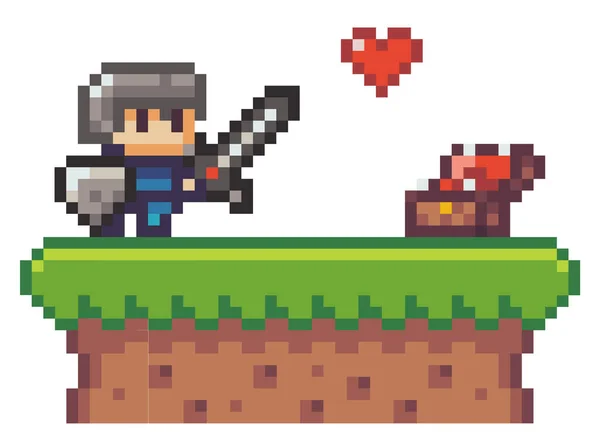 Pixel παιχνίδι ήρωας, ιππότης με σπαθί, ασπίδα μπροστά από το ανοιχτό στήθος, τη συλλογή ζωές, την καρδιά της ζωής — Διανυσματικό Αρχείο