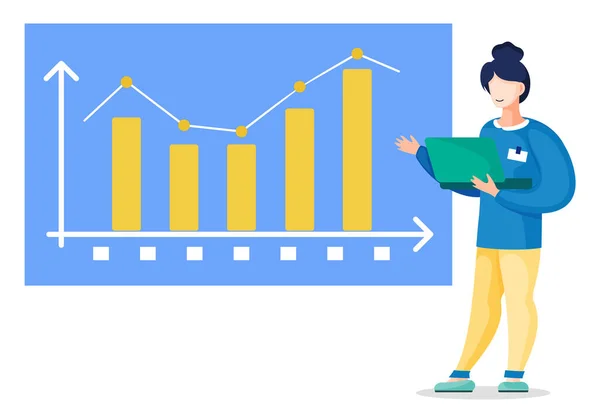 Mujer preparándose para presentar un informe de progreso. Carácter de pie en el tablero grande con gráficos y gráficos — Vector de stock