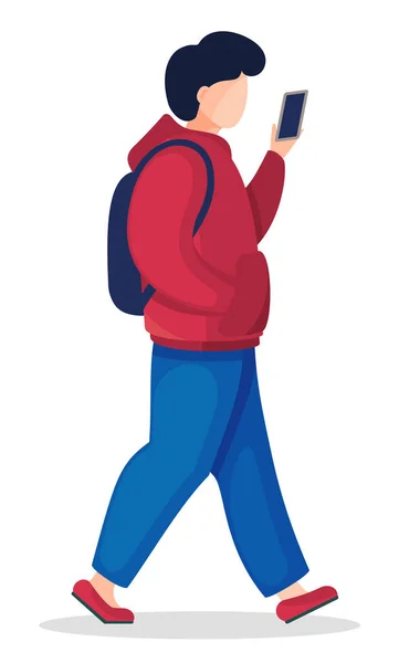 Icono de dibujos animados vectorial de hombre joven con capucha y jeans caminando con mochila y teléfono, turista — Archivo Imágenes Vectoriales