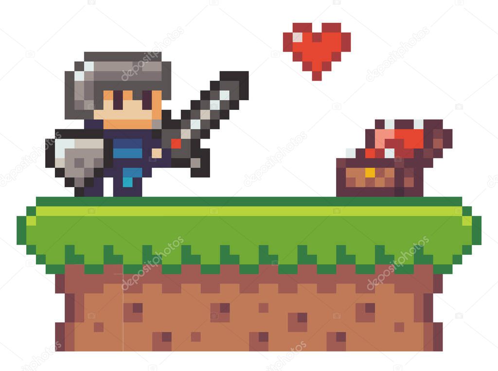 Pixel game hero, knight with sword, shield in front of open chest, collecting lives, life heart