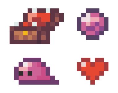 Elmas, göğüs, kalp ve uzaylılardan oluşan ikonlar. Beyaz arkaplanda izole edilmiş pikselin tasviri