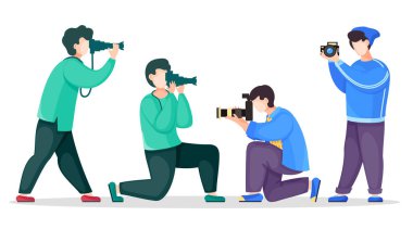 Bir dizi vektör çizgi film karakteri, refleks kameralı fotoğrafçılar, dijital kamera, fotoğraf makinesi.