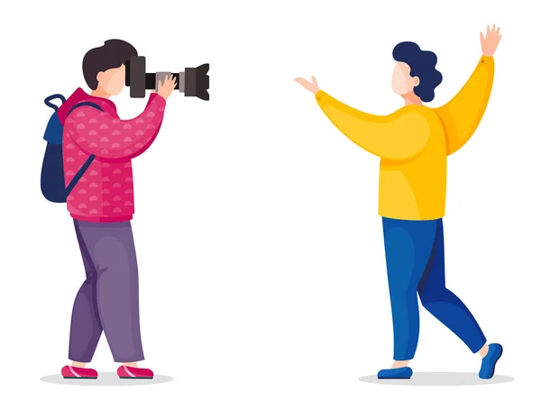 Vektor-Illustration des Fotografen, der ein Foto von posierendem Mann macht, der Mann mit Spiegelreflexkamera fotografiert — Stockvektor